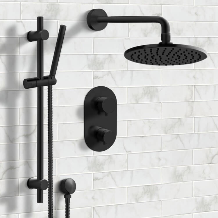 Remer SFR41 Matte Black Thermostatic Shower System with 8 Inch Rain Shower Head and Hand Shower